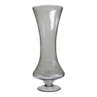 Very large vintage engraved blown glass vase from the 2000s in an antique style