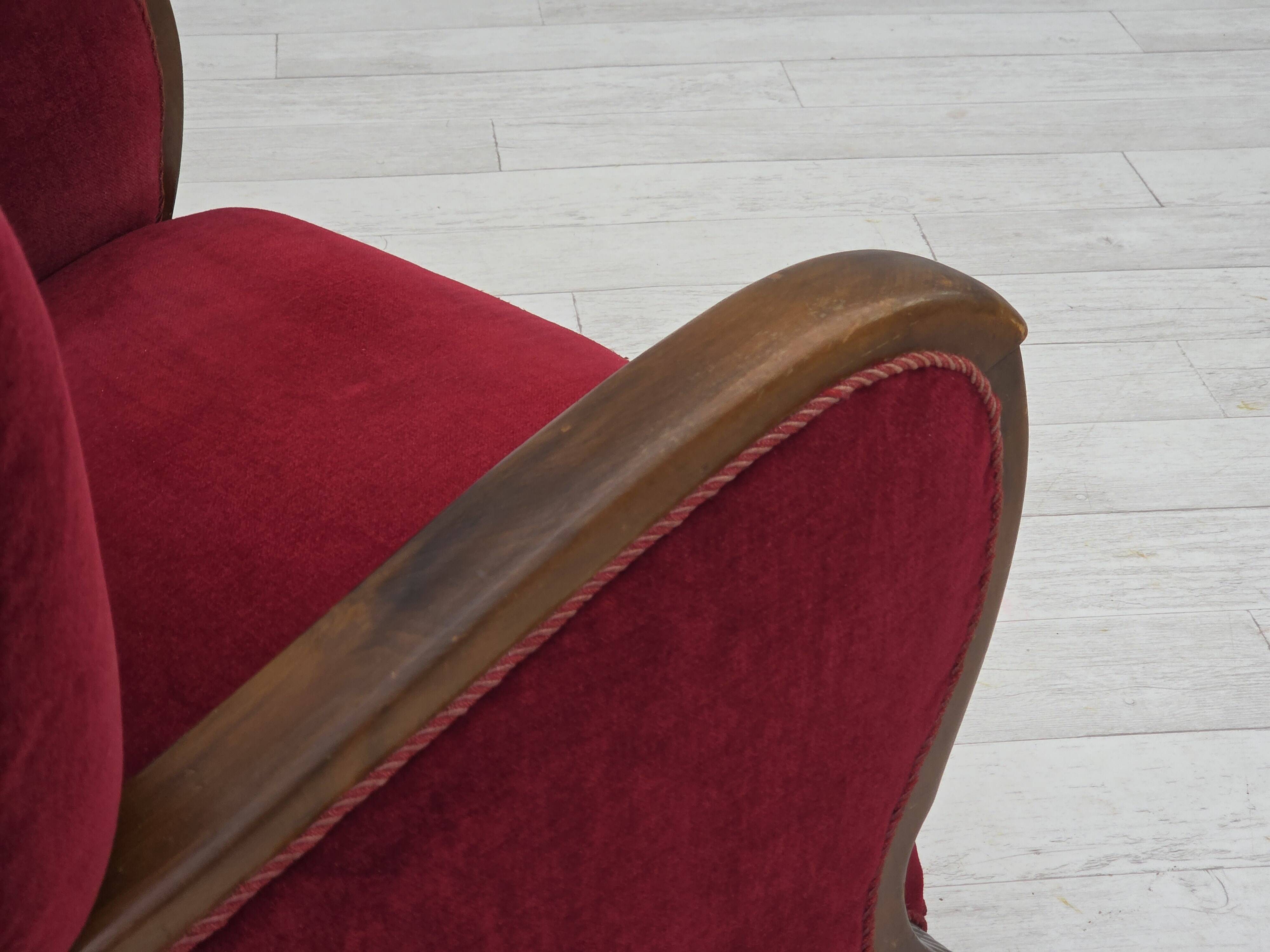 1950s, Danish relax armchair, cherry-red furniture velour, dark beech wood.