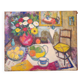 Nature morte, huile sur toile signée Obodjan