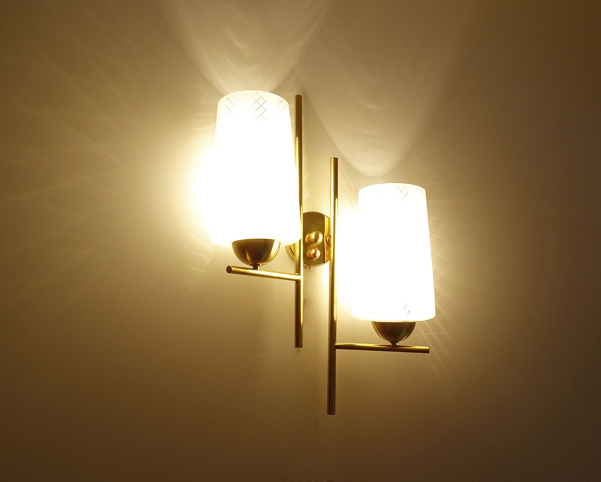 Pair vintage wall lamps 60 glass brass
