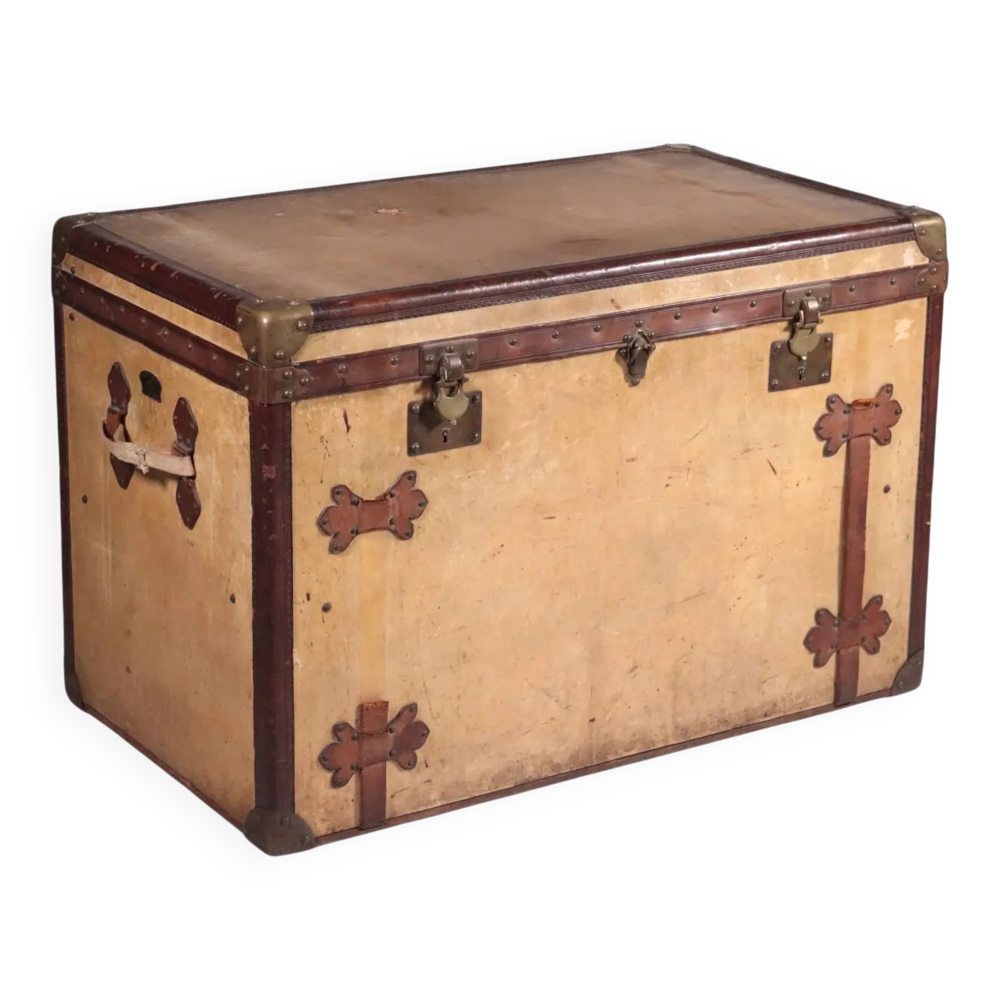 Malle courrier vintage 1910s-20s en cuir et laiton doré, France