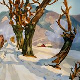 Gouache painting on paper "Snow landscape" signed D. Riviere (middle XX°)