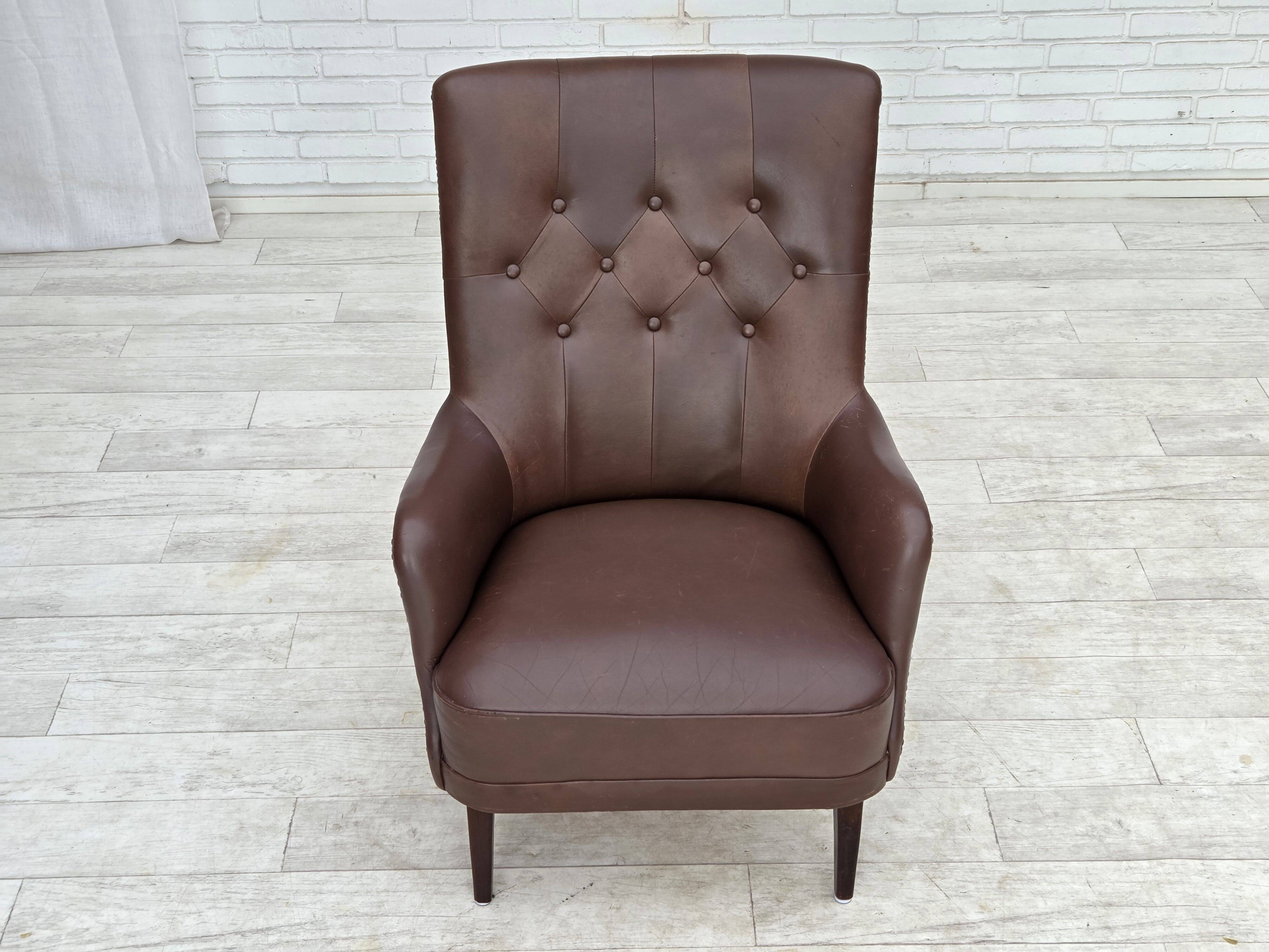 1970s, Danish armchair, original brown furniture leather.