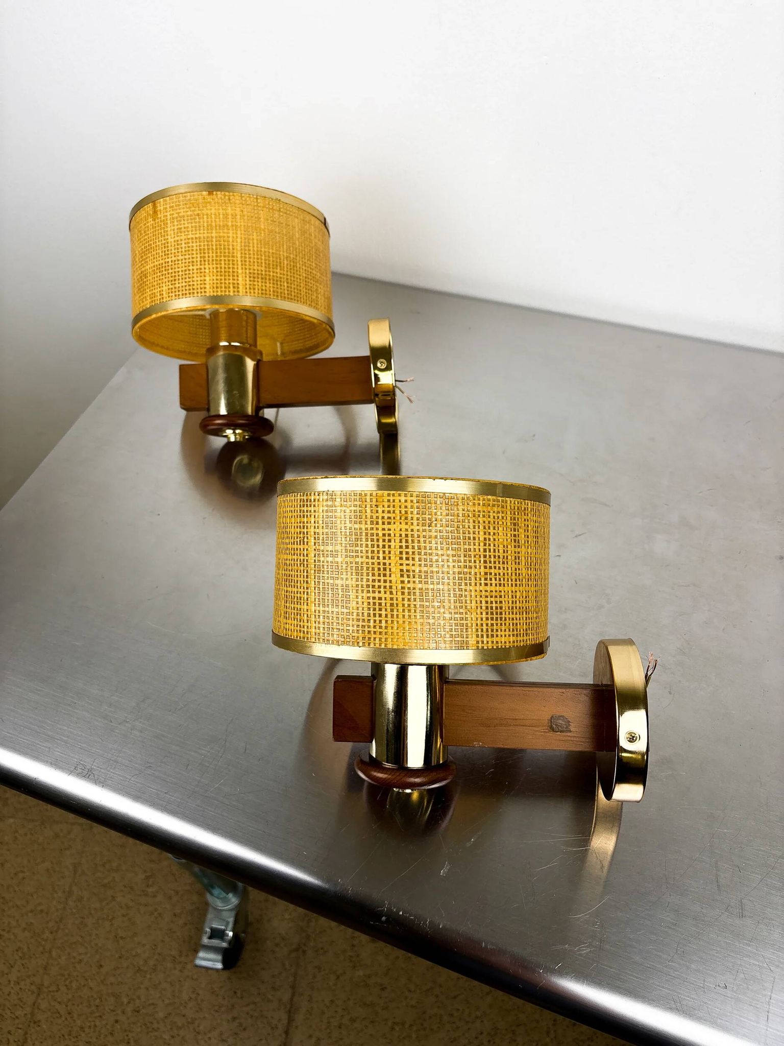Pair of vintage rattan & wood wall sconces, Italy, circa 1970s