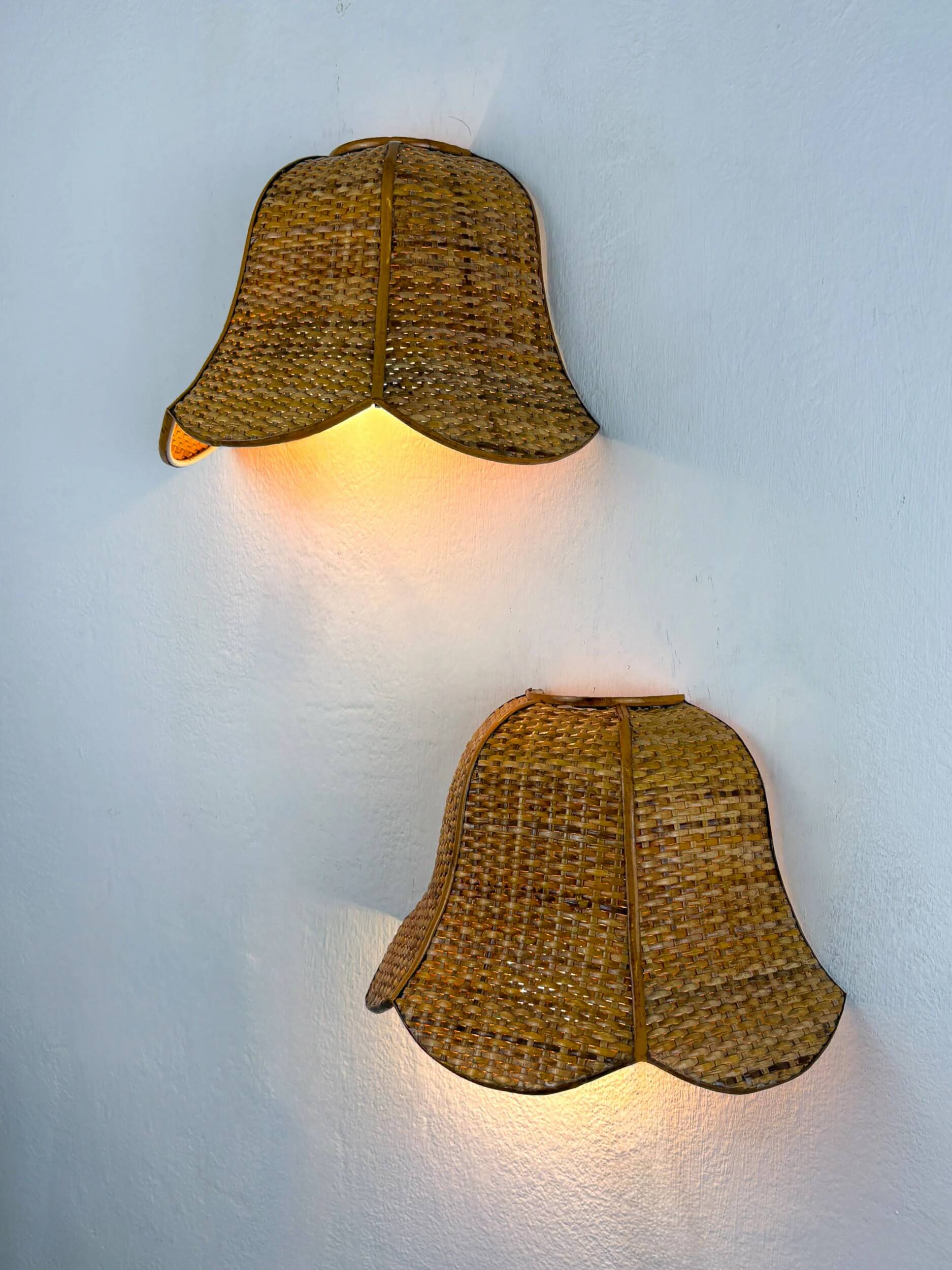 Pair of vintage woven rattan wall shades, Italy 1970s