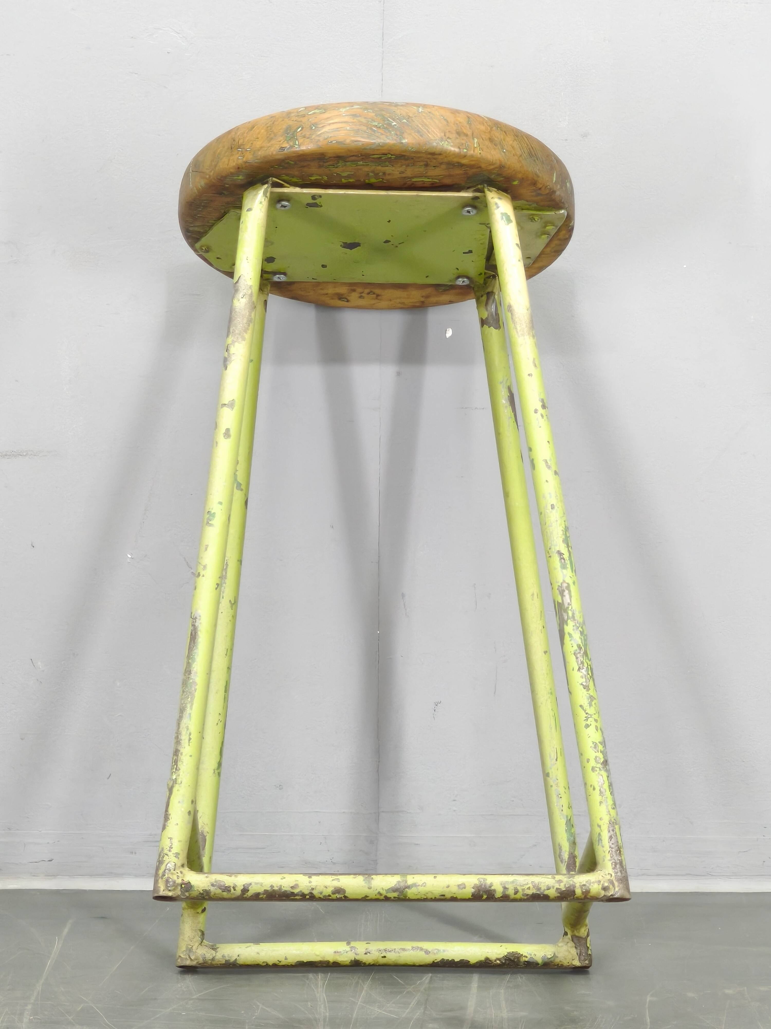 1940s Czech Industrial Stool with Pine Seat and Green Patina