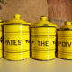 6 spice jars yellow and black enamelled sheet metal, fireplace pot