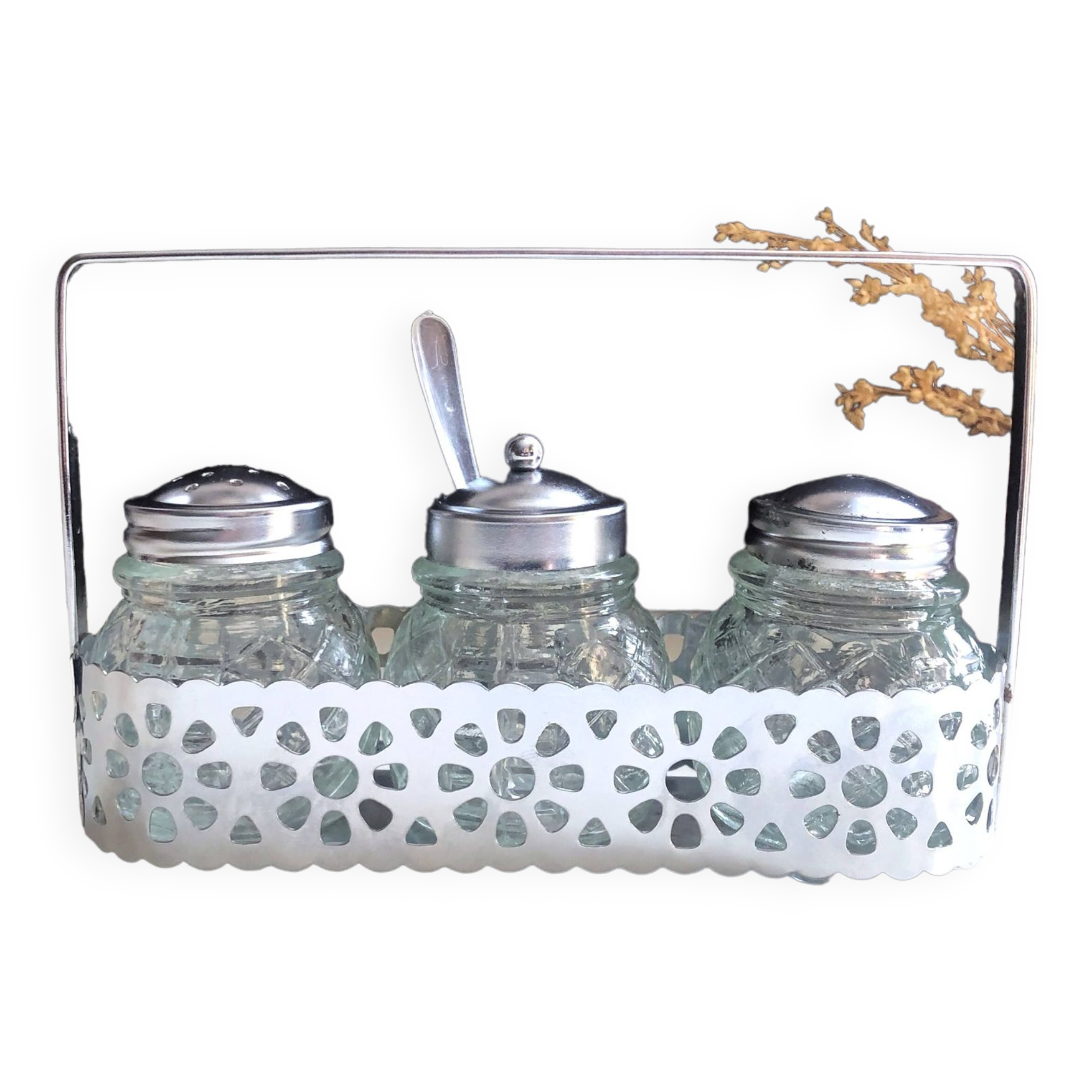 4-piece salt shaker, pepper and mustard set with spoon in stainless steel basket