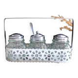 4-piece salt shaker, pepper and mustard set with spoon in stainless steel basket