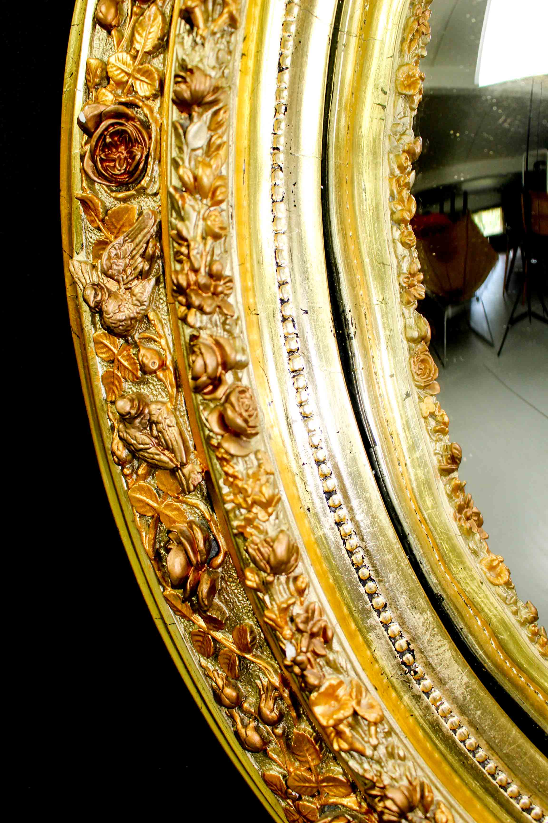 19th century French Gilt  butler mirror with roses and birds