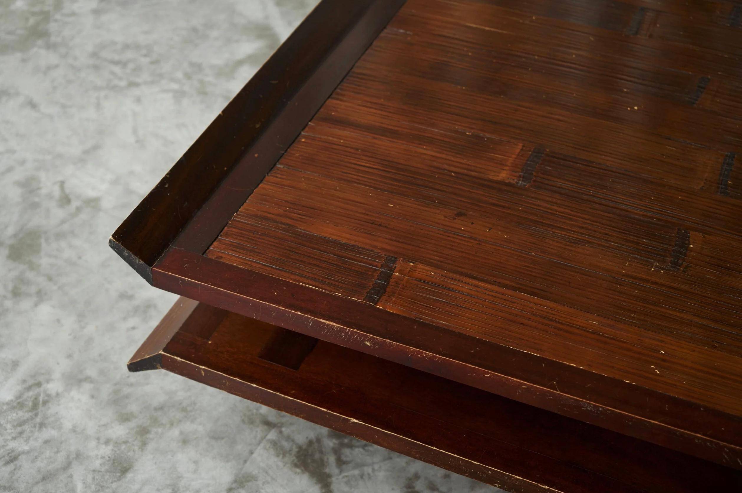 Two-level pagoda coffee table in Wabi-Sabi style, wood and bamboo from the 1970s.