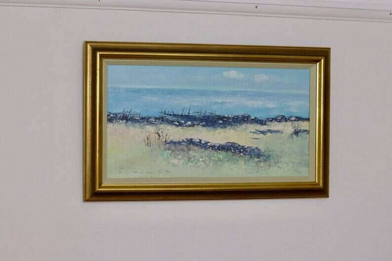 Mid-Century Swedish Original Painting Oil on Canvas "Beach in the Parish of Gårdby" by Jim Ronald Lindholm -- vintage and framed
