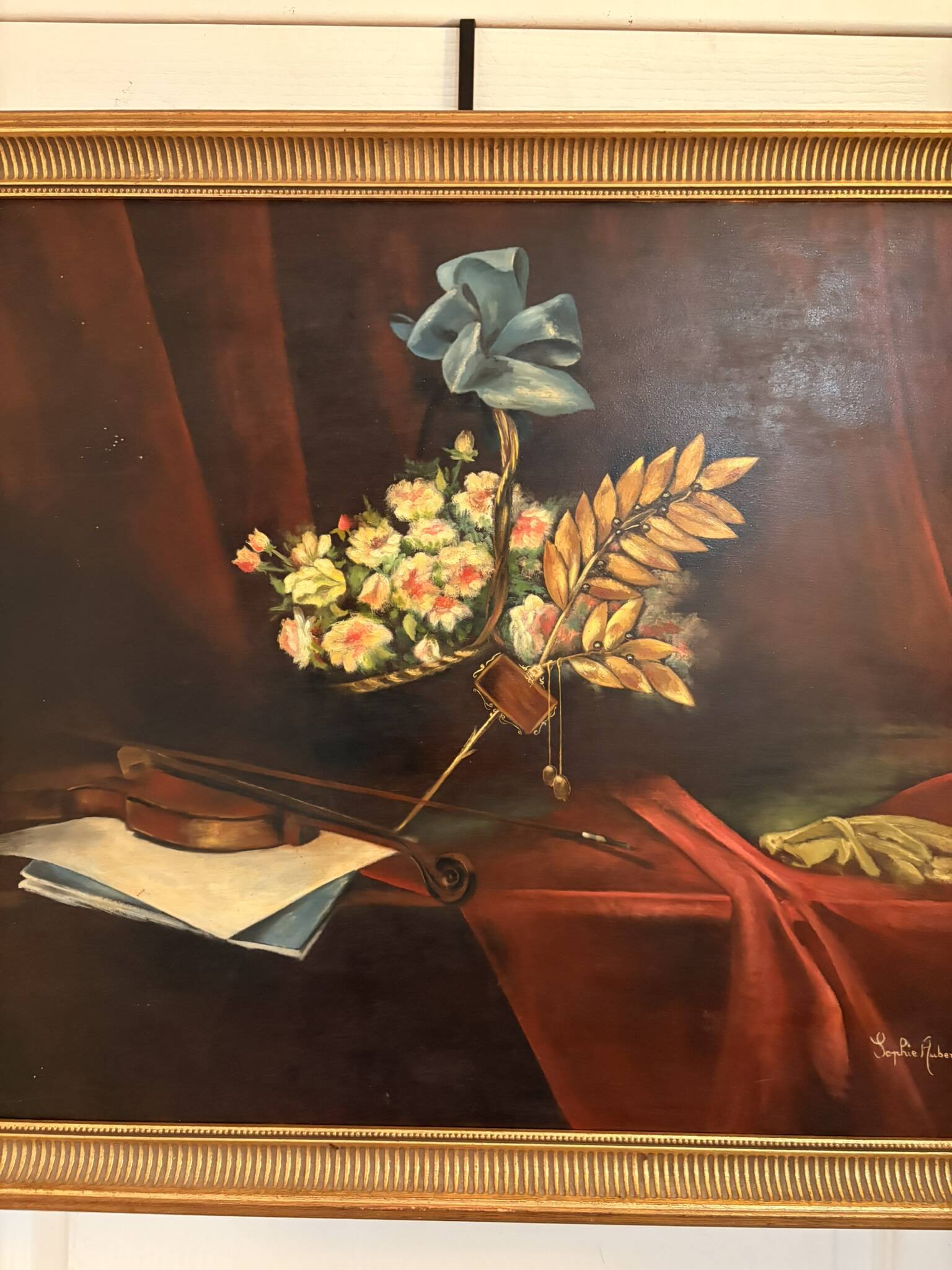 Old painting still life feather violin book lamp flowers