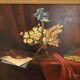 Old painting still life feather violin book lamp flowers