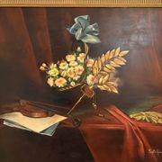 Ancien tableau peinture Nature Morte Plume violon Livre Lampe Fleurs