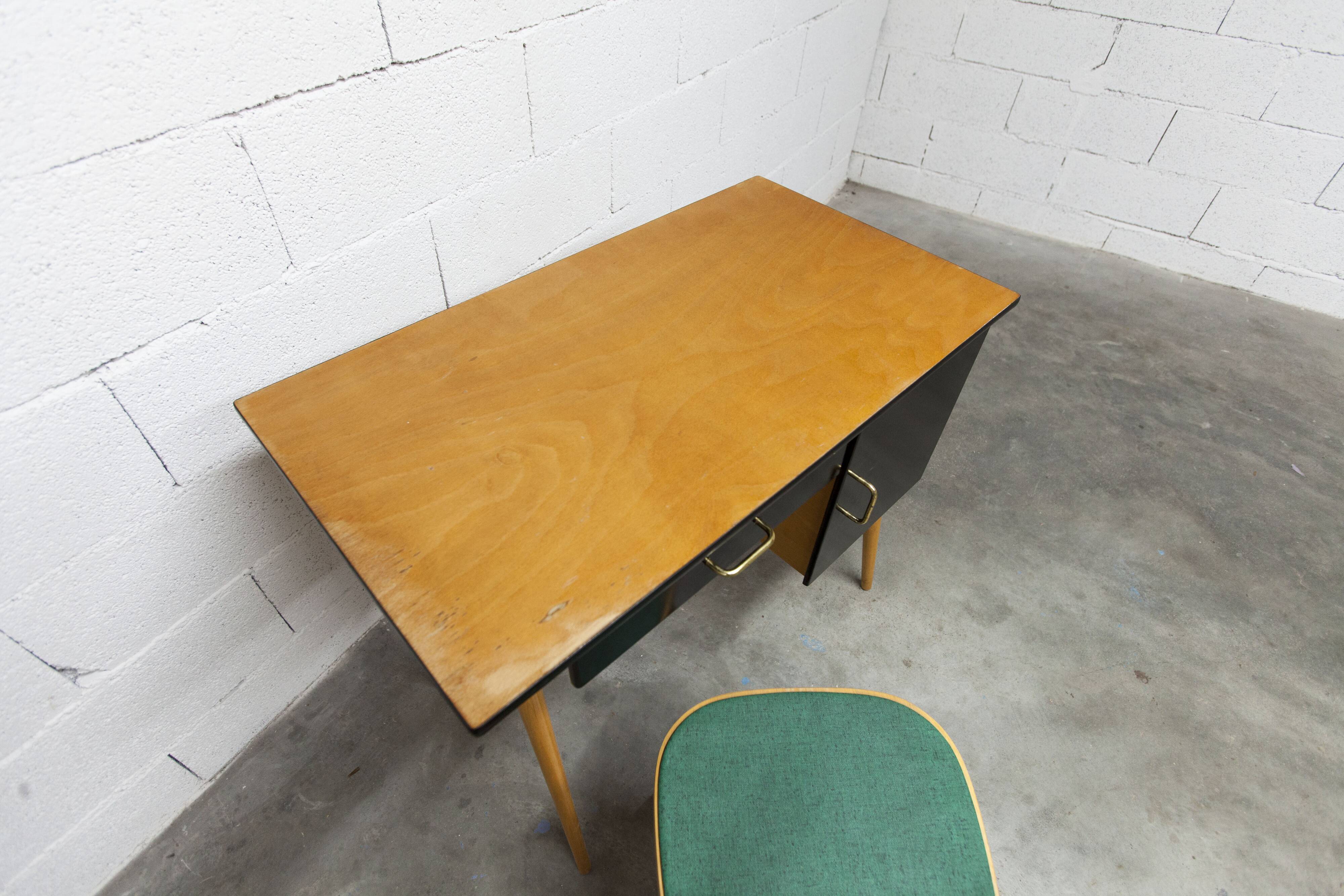 Baumann desk and chair, 1960s, Formica, wood and black, green seat