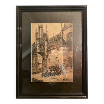Original Chinese ink, H. Boutin – old Nantes (cathedral area).