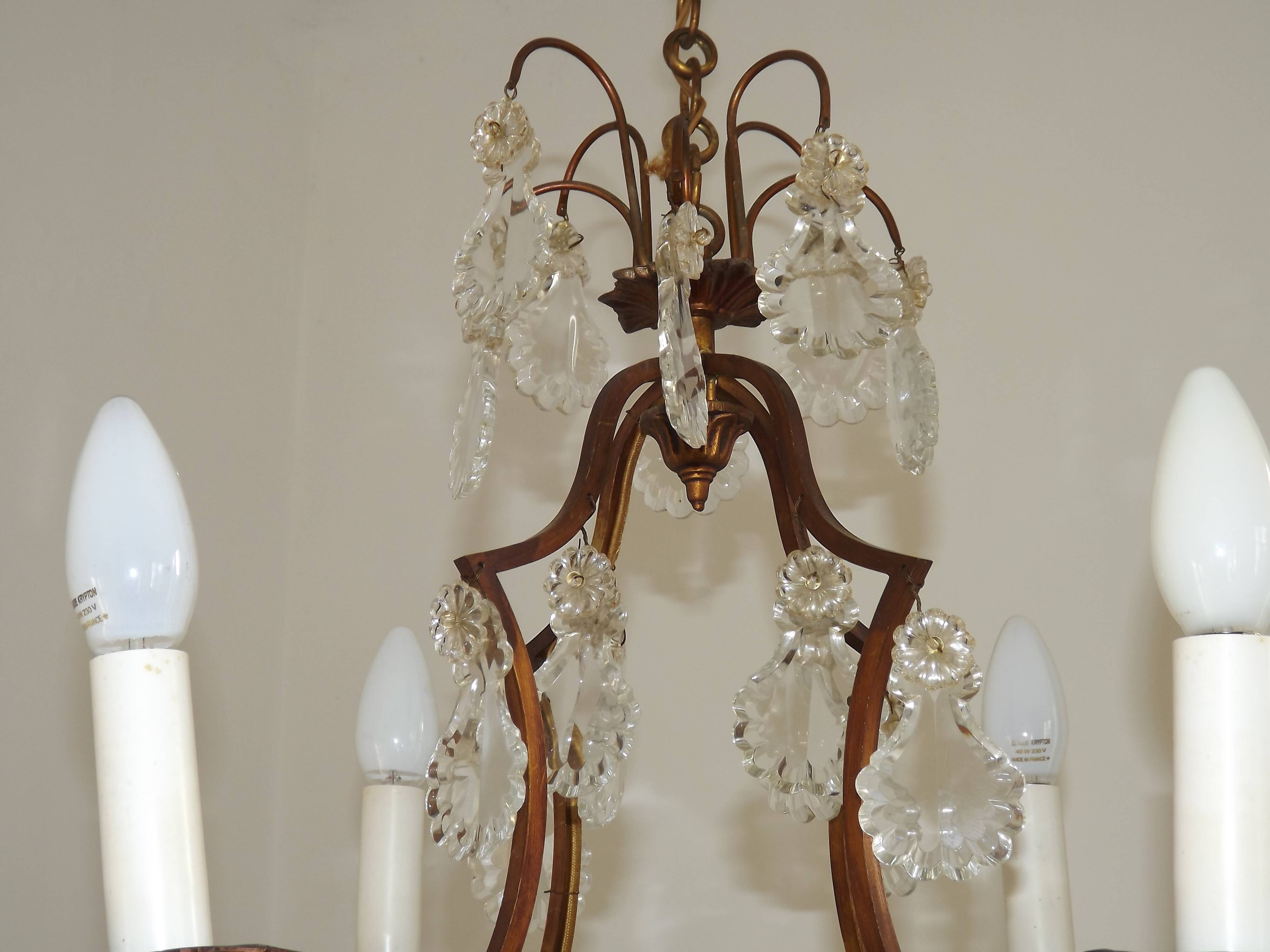 1940s French Vintage Bronze Glass and Crystal 4 Light Chandelier 4679