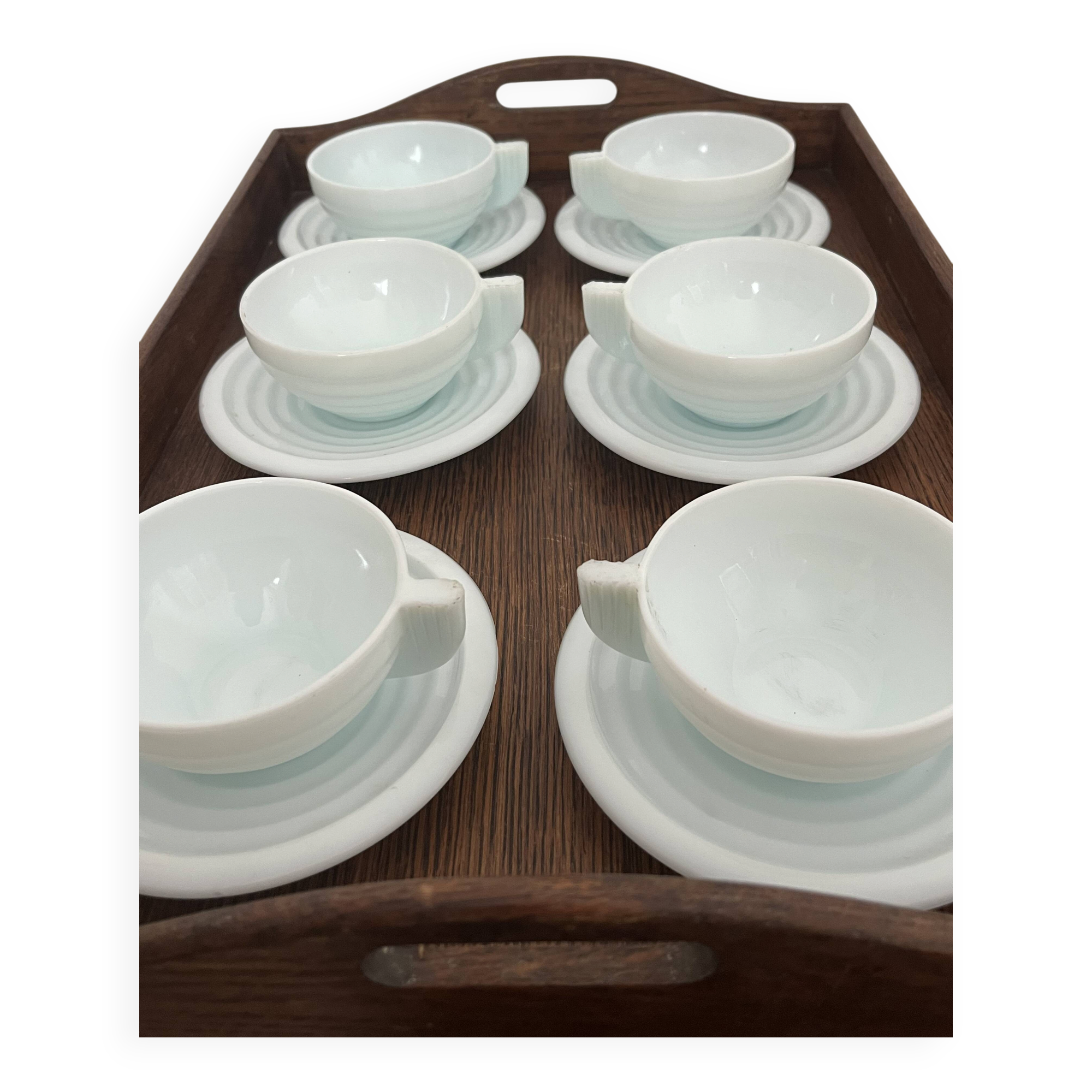 Set of 6 opaline Art Deco cups and 6 saucers.