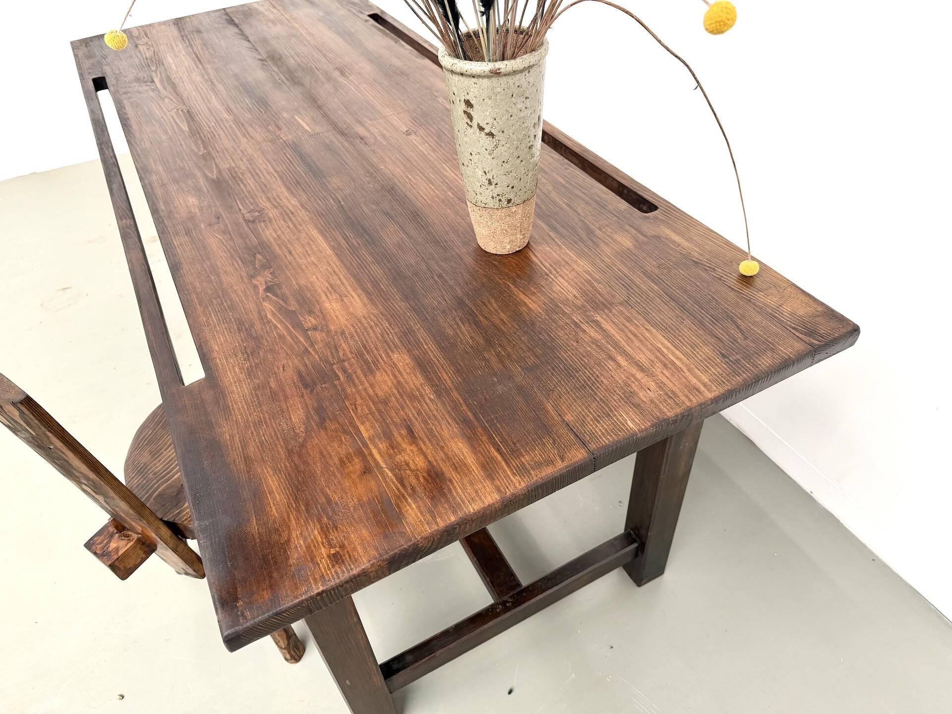 Solid pine work table, grooved top, satin brown finish, year