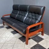 Teak and Black Leather 32 seat sofa by HS Denmark 1970s