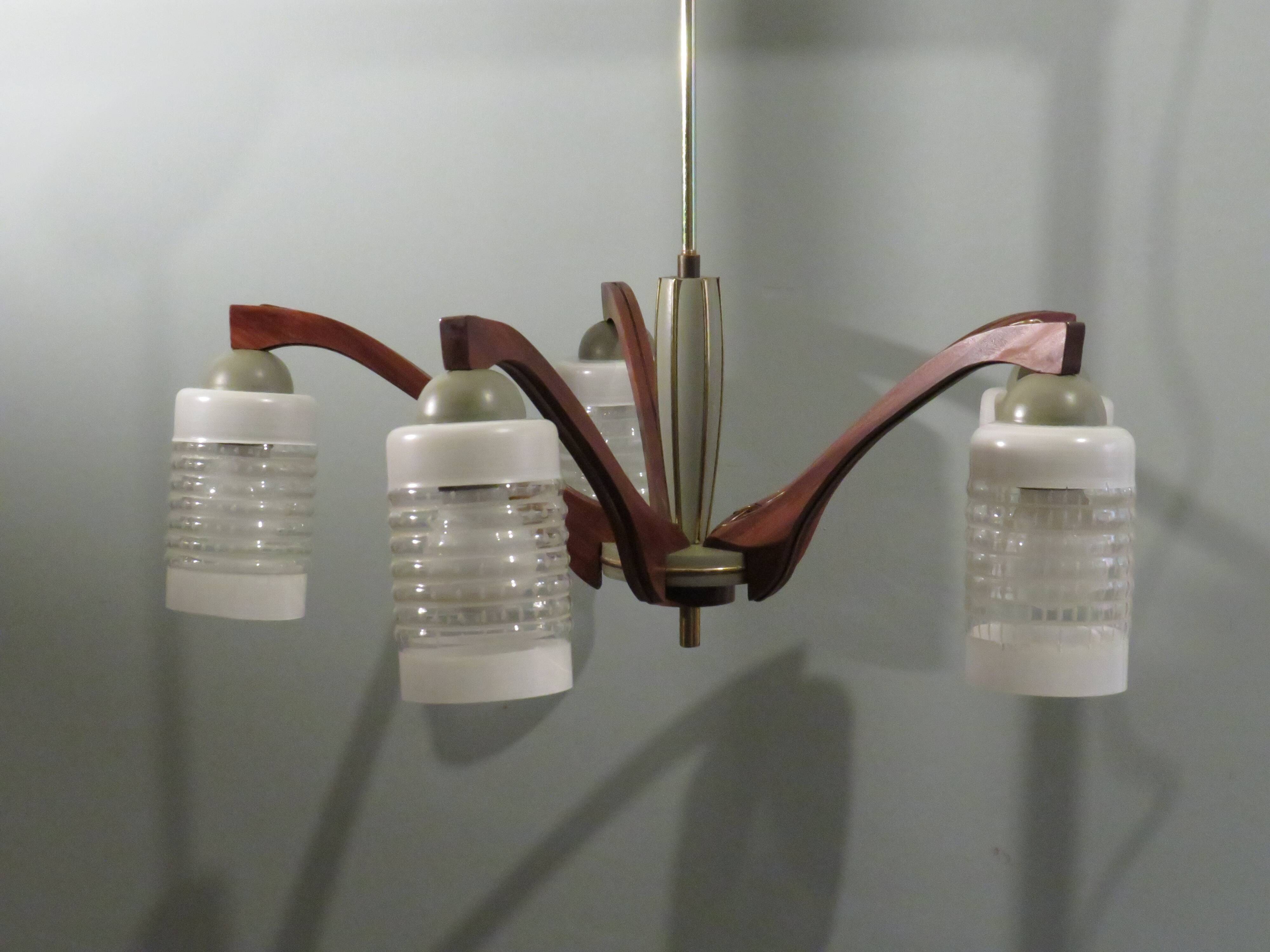 Chandelier, teak and engraved glass, 1950 Italy