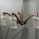 Chandelier, teak and engraved glass, 1950 Italy