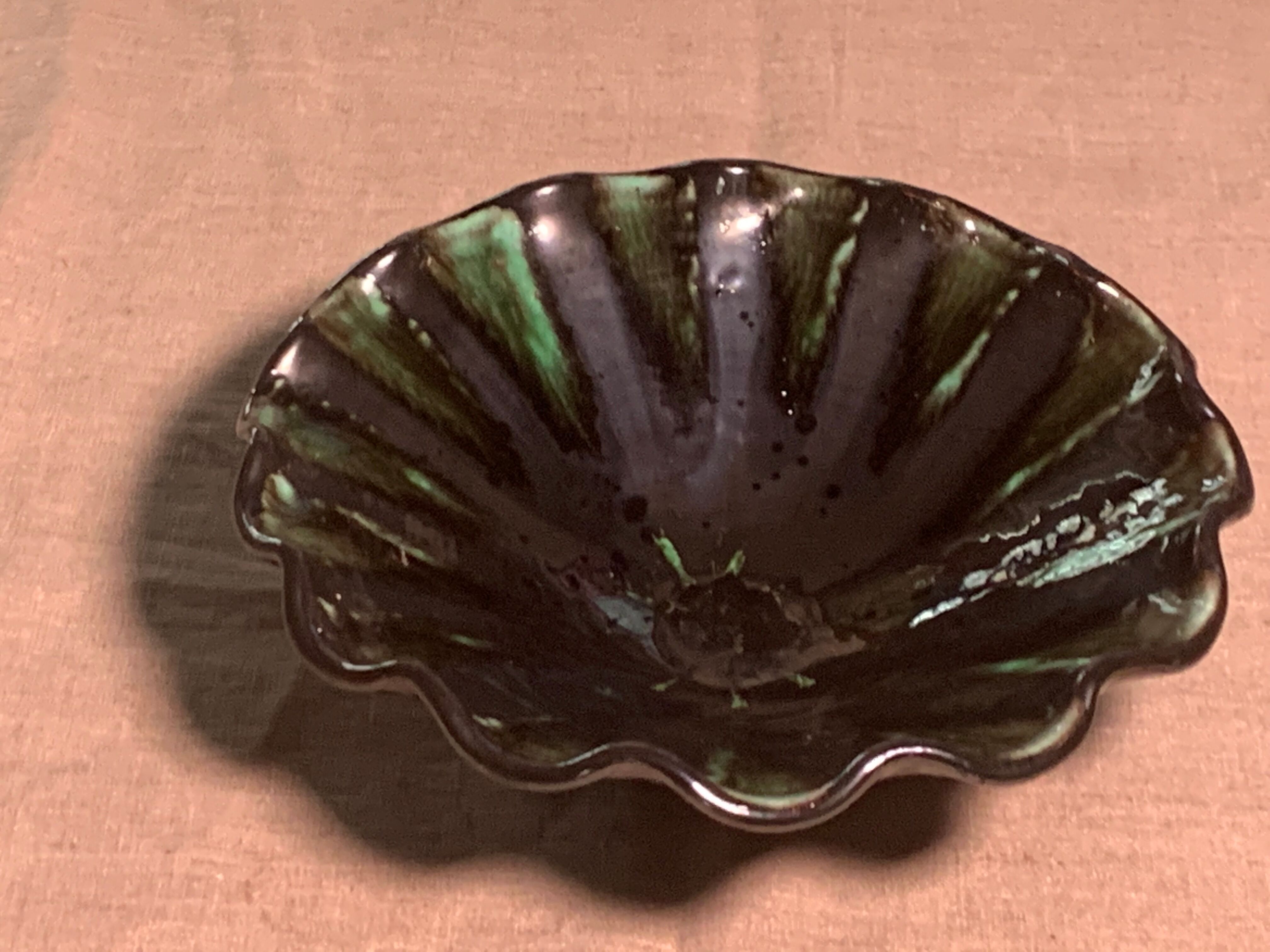 Vintage green and black glazed ceramic fruit cup