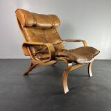 Fauteuil de salon suédois en cuir et bois courbé par Jan Bengstsson, années 1970