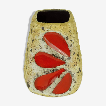 Mid century fat lava vase es-keramik wgp brown beige glaze red leaf pattern