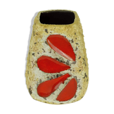 Vase en fat lava des années 50 es-keramik wgp avec glaçure marron beige et motif de feuille rouge.