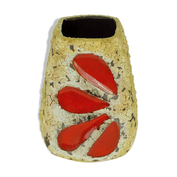Vase en fat lava des années 50 es-keramik wgp avec glaçure marron beige et motif de feuille rouge.