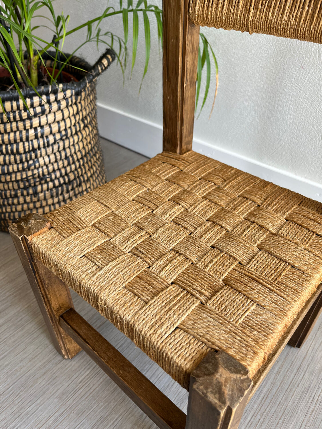 Vintage children's chair wood and rope by Audoux and Minet
