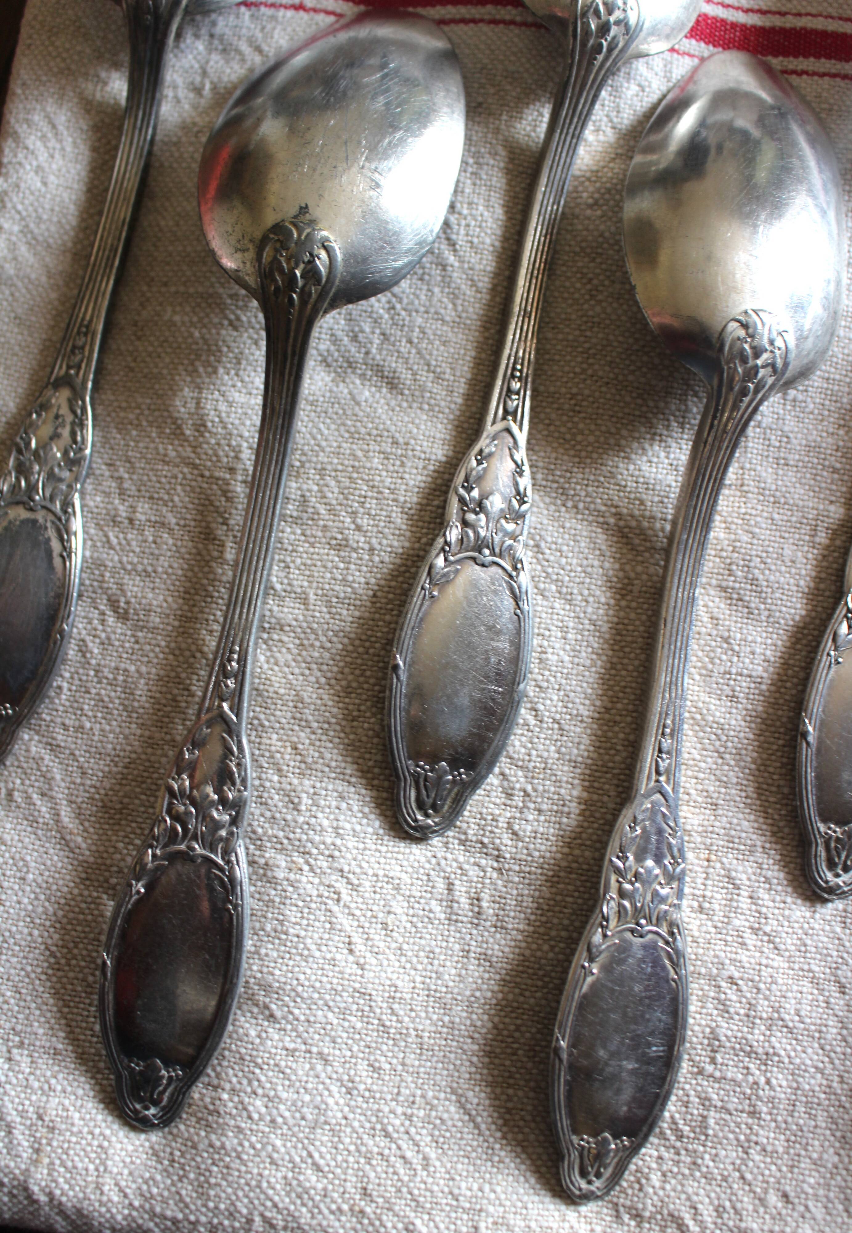 A set of 6 silver-plated metal soup spoons with foliage design.