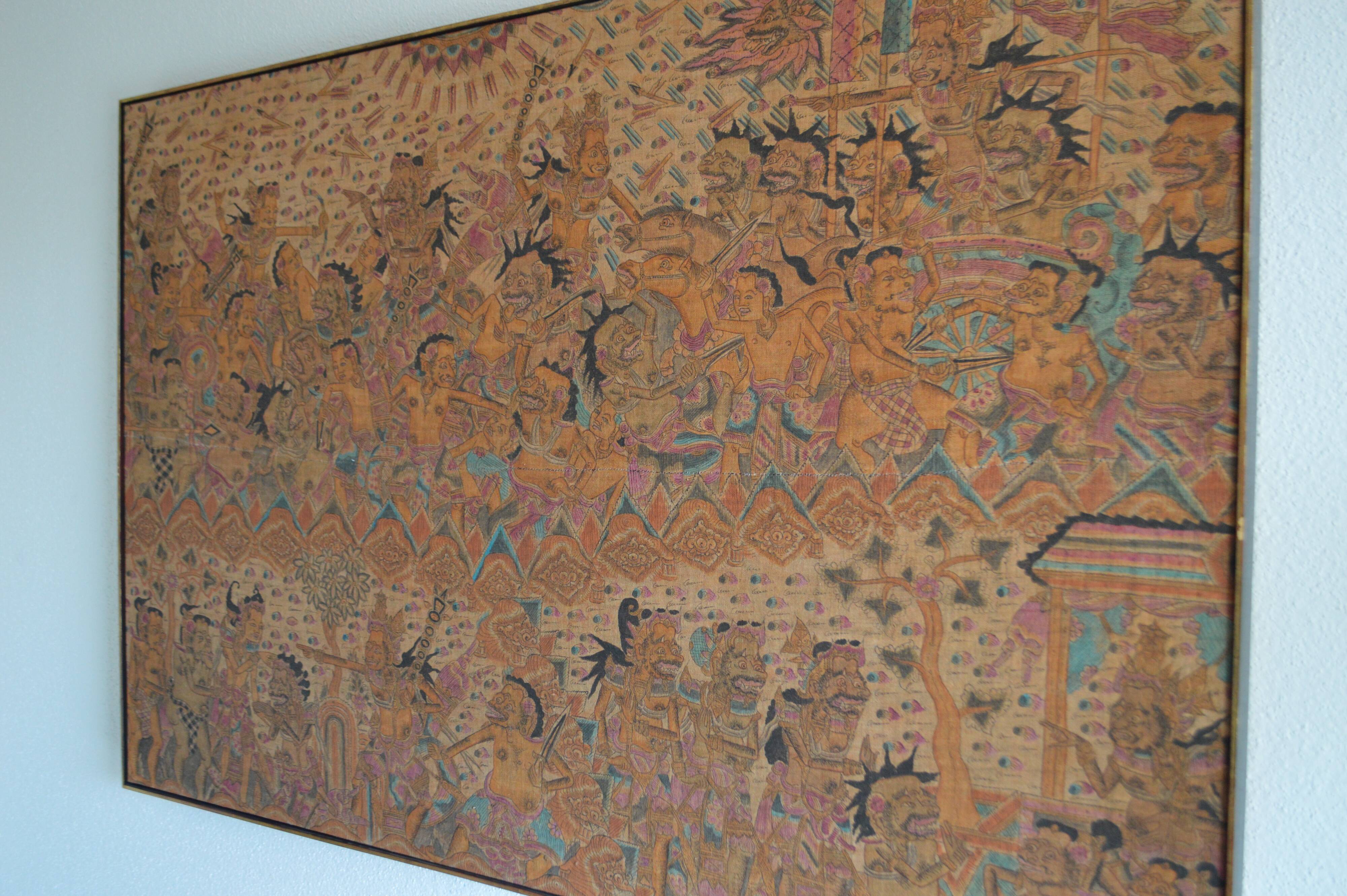 Large traditional Balinese painting on Kamasan Wayang vintage fabric.