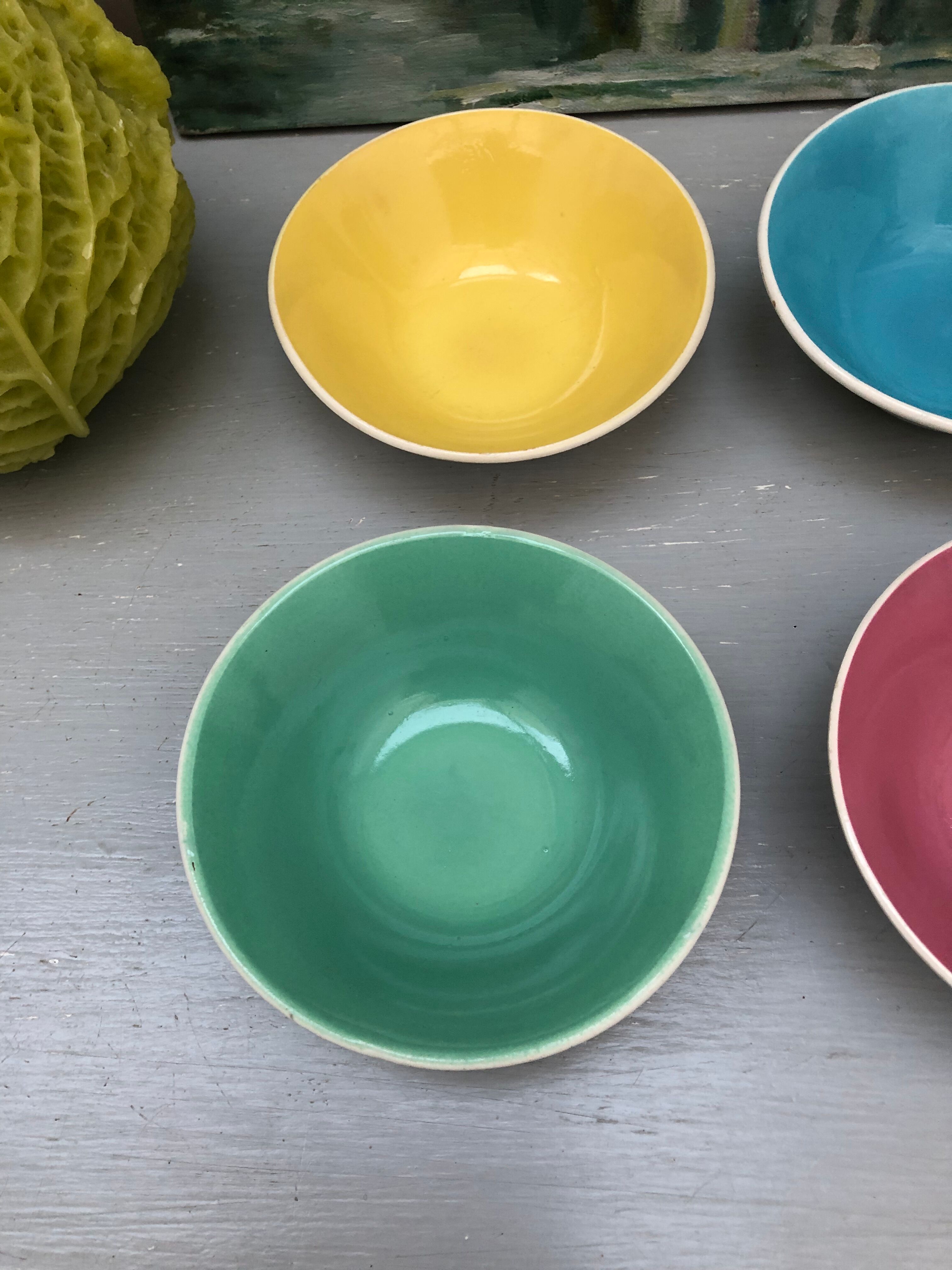 4 Digoin cups France the Francorussian green yellow blue pink dessert