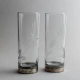 Silver Base Clear Glass Set of 6 - Italian 1960s Etched Wheat and Floral Design