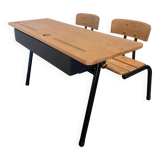 Vintage double school desk, refurbished in black and wood