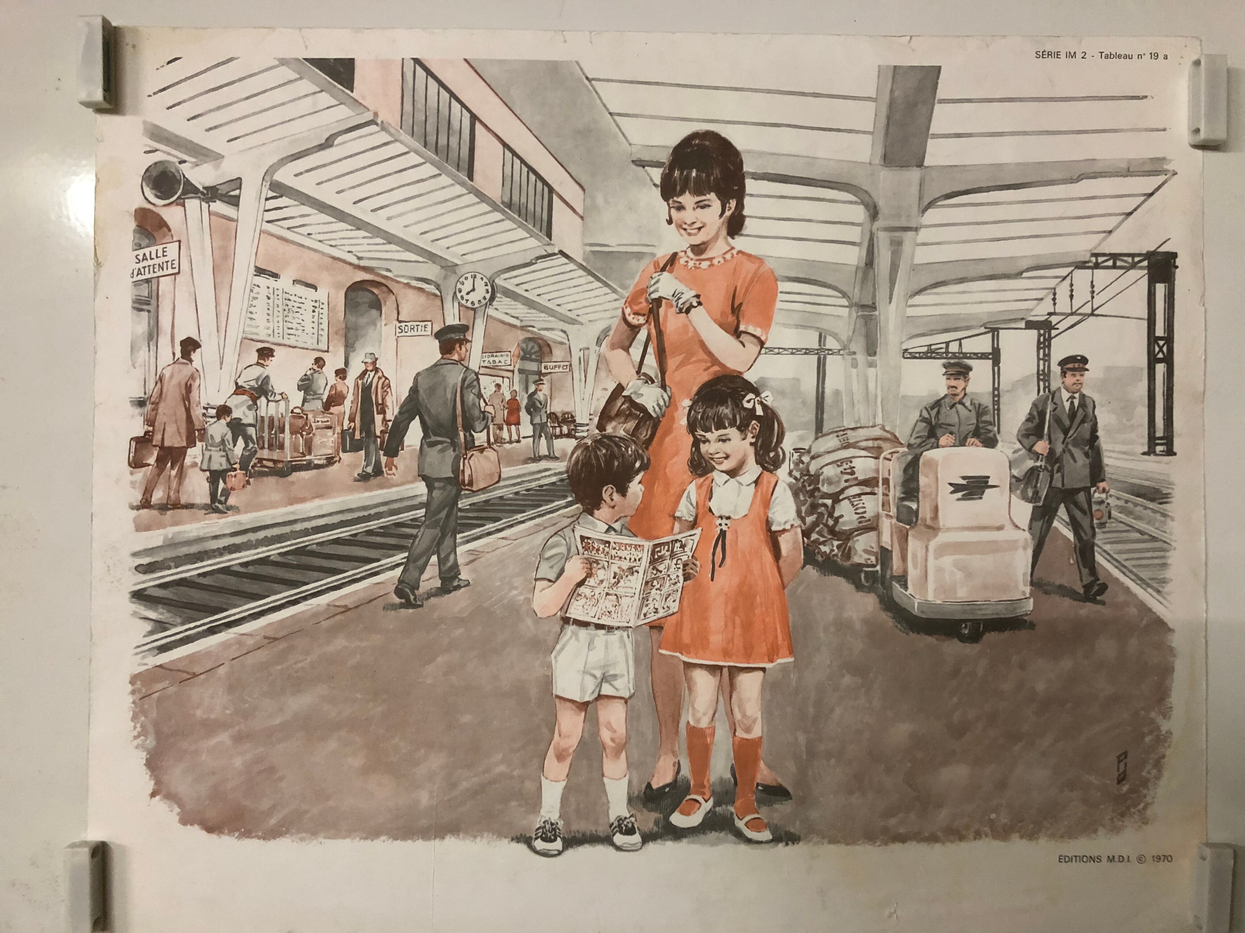Vintage school poster of the station traffic and platform