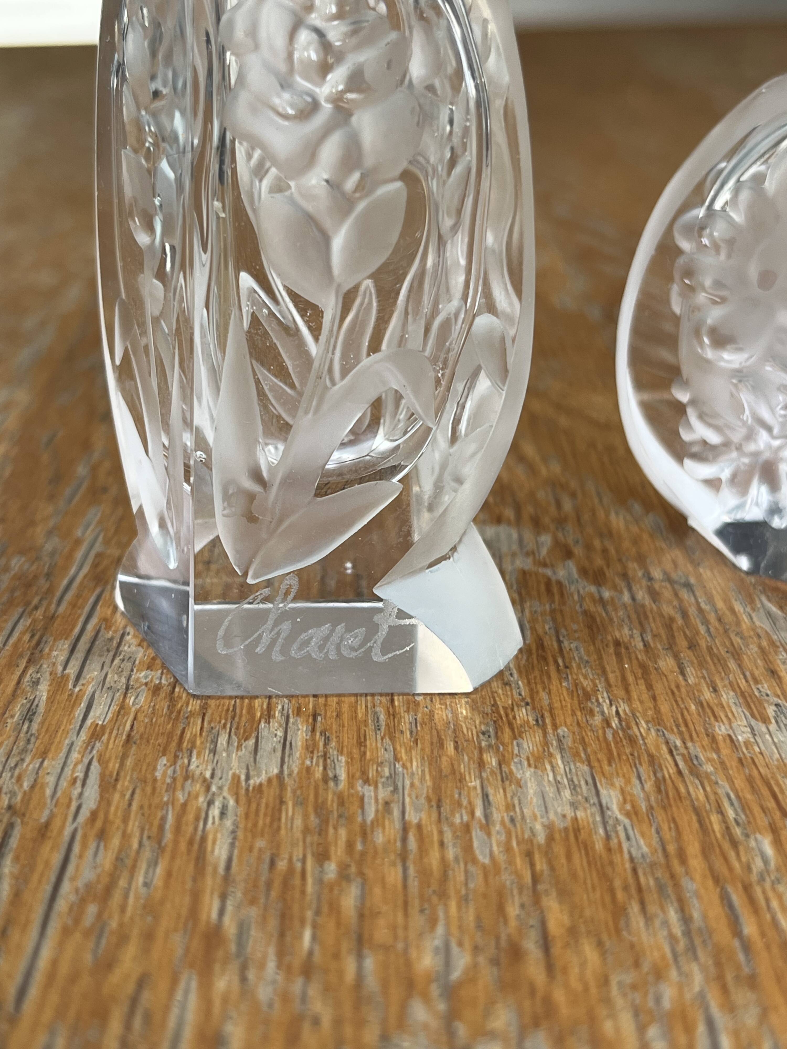 Pair of antique frosted crystal perfume bottles – Signed Charet