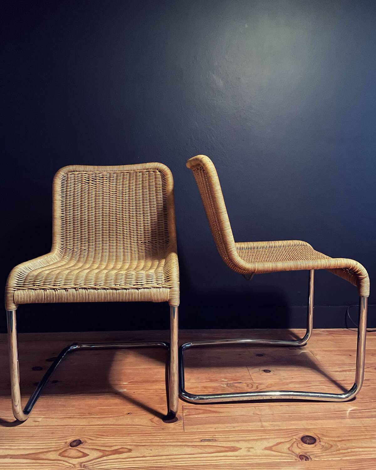 Pair of vintage rattan cantilever chairs