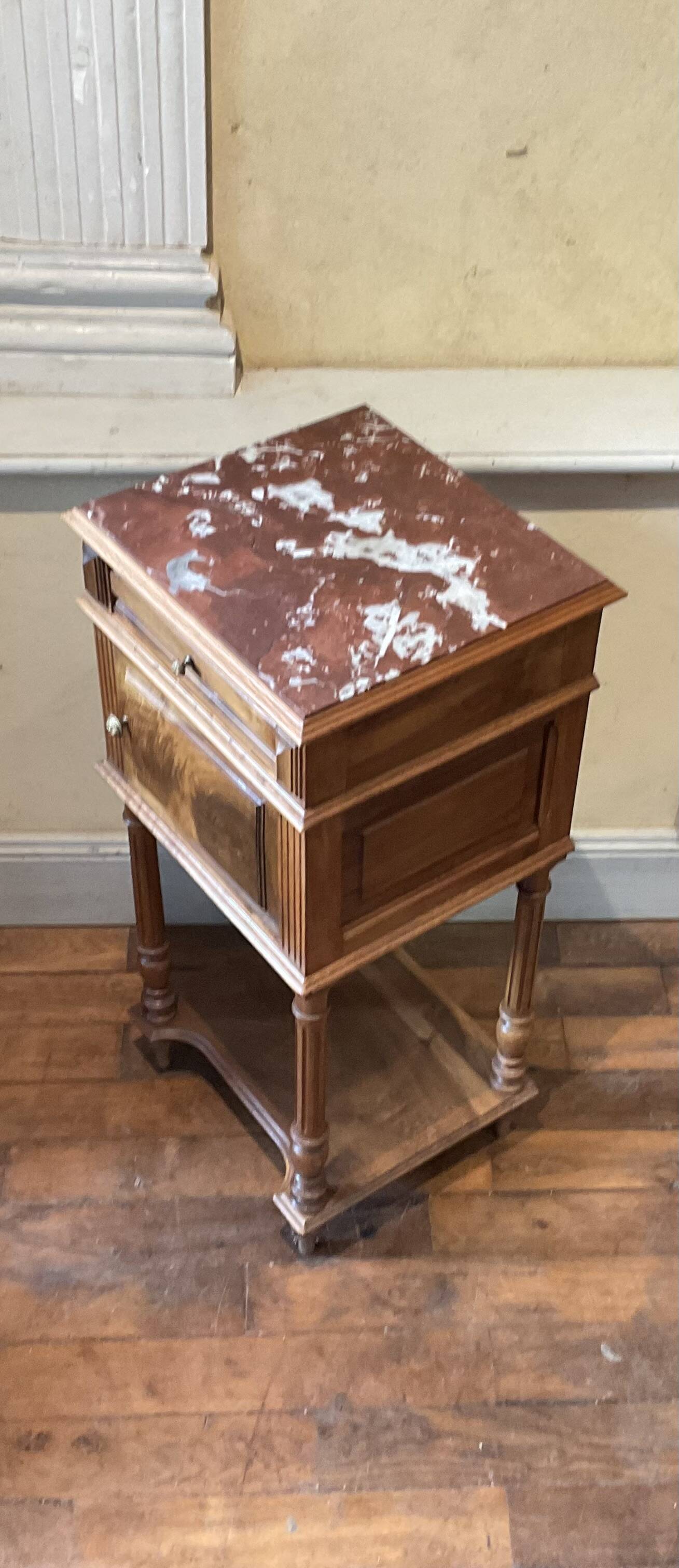 Old Henry II style bedside table in walnut with pink marble top, 19th century