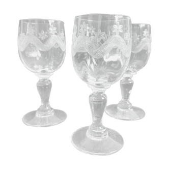 3 small crystal walking glasses fine decoration- very good condition