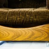 Pair of G-plan saddle back teak armchairs & footstool