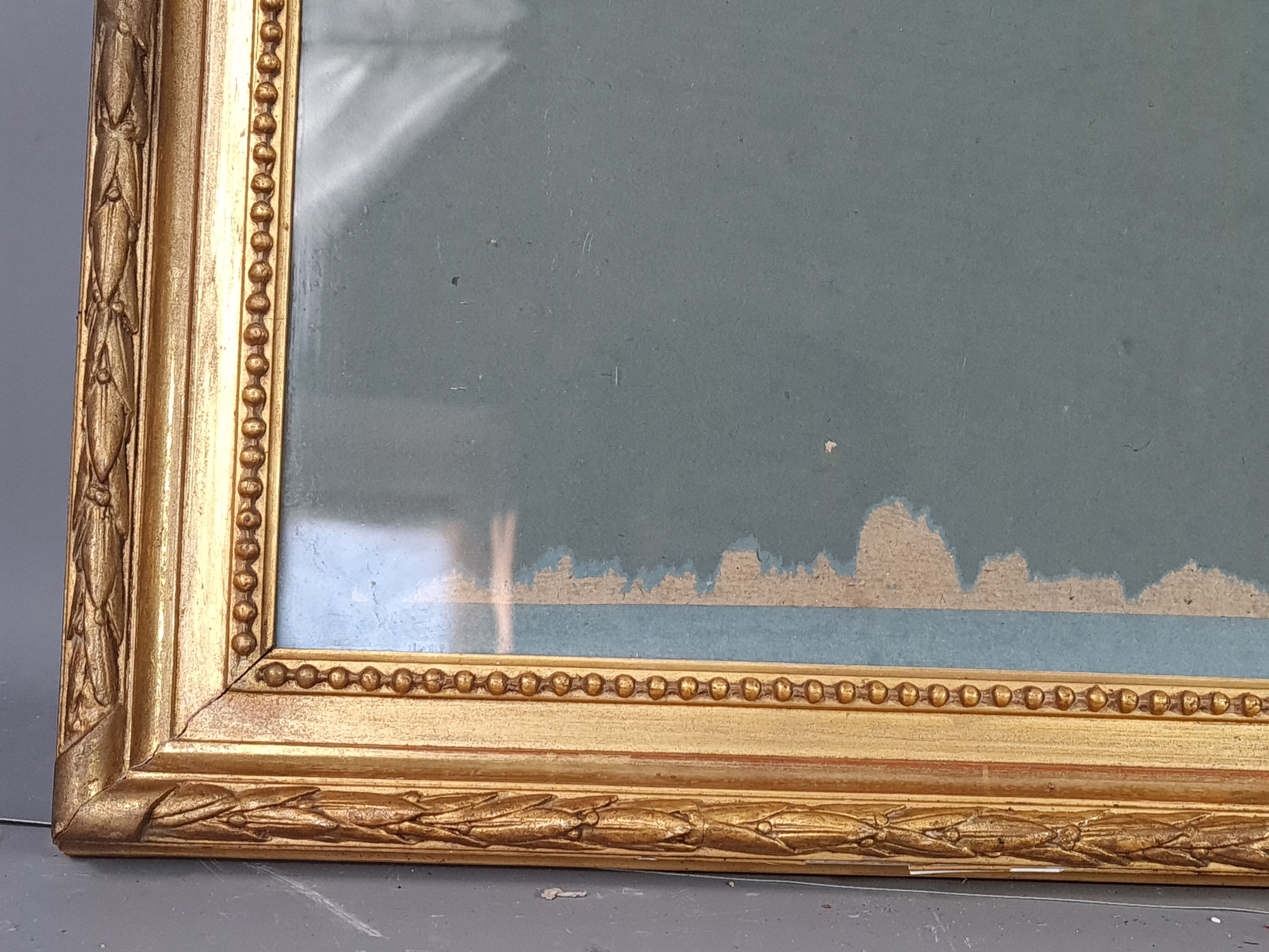 Old frame with keys, gilded stucco wood, pearl frieze 46x38 cm, foliage 40.3x32.1 cm + SB glass