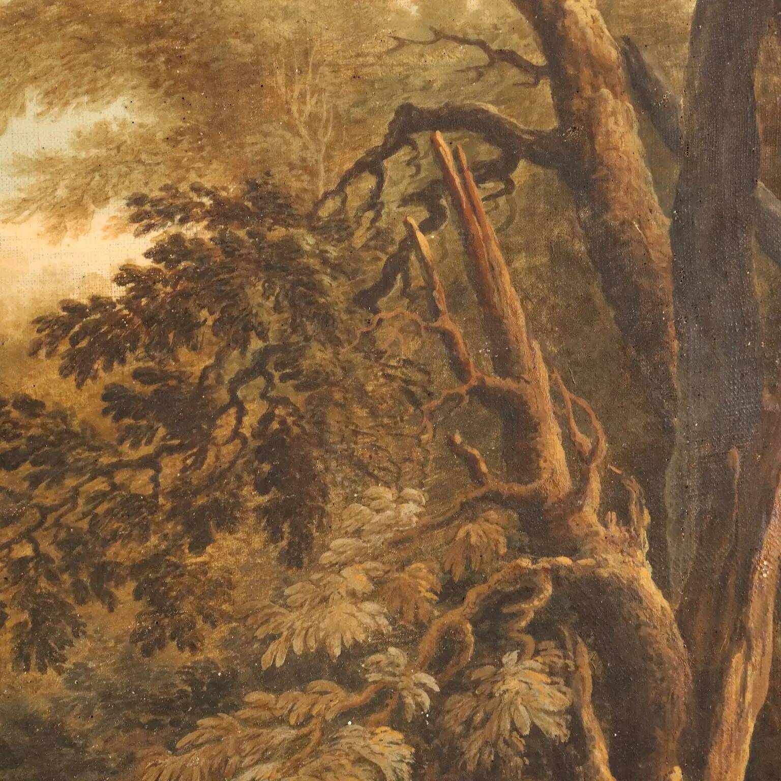 Old painting of a landscape with figures, oil on canvas, 18th century.