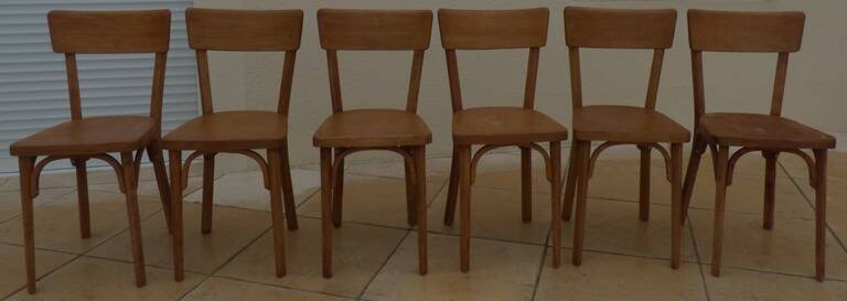 6 vintage Baumann wooden bistro chairs in their patina