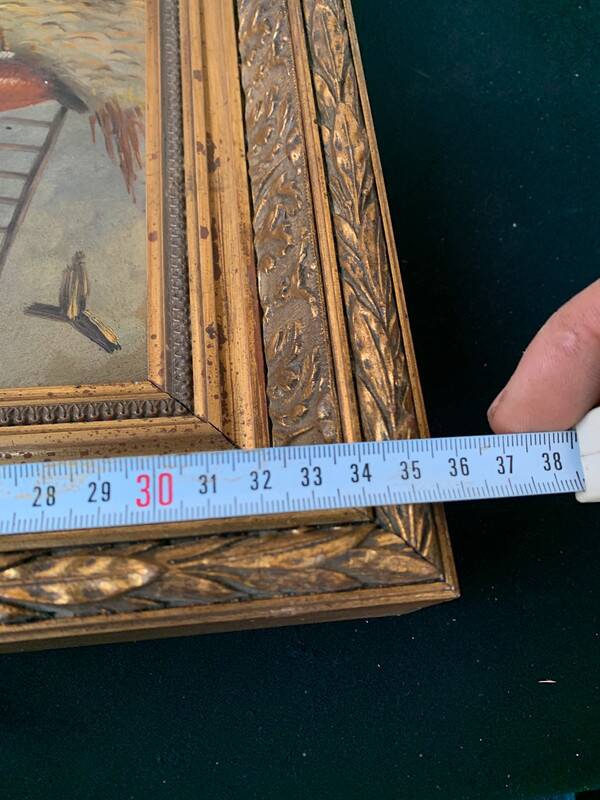 Framed painting of chickens in a chicken coop signed romania