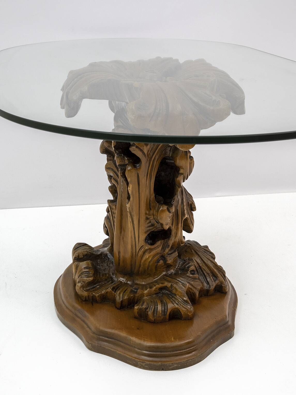 Mid-Century Modern Italian Carved Wood Base Large Curls and Leaves table