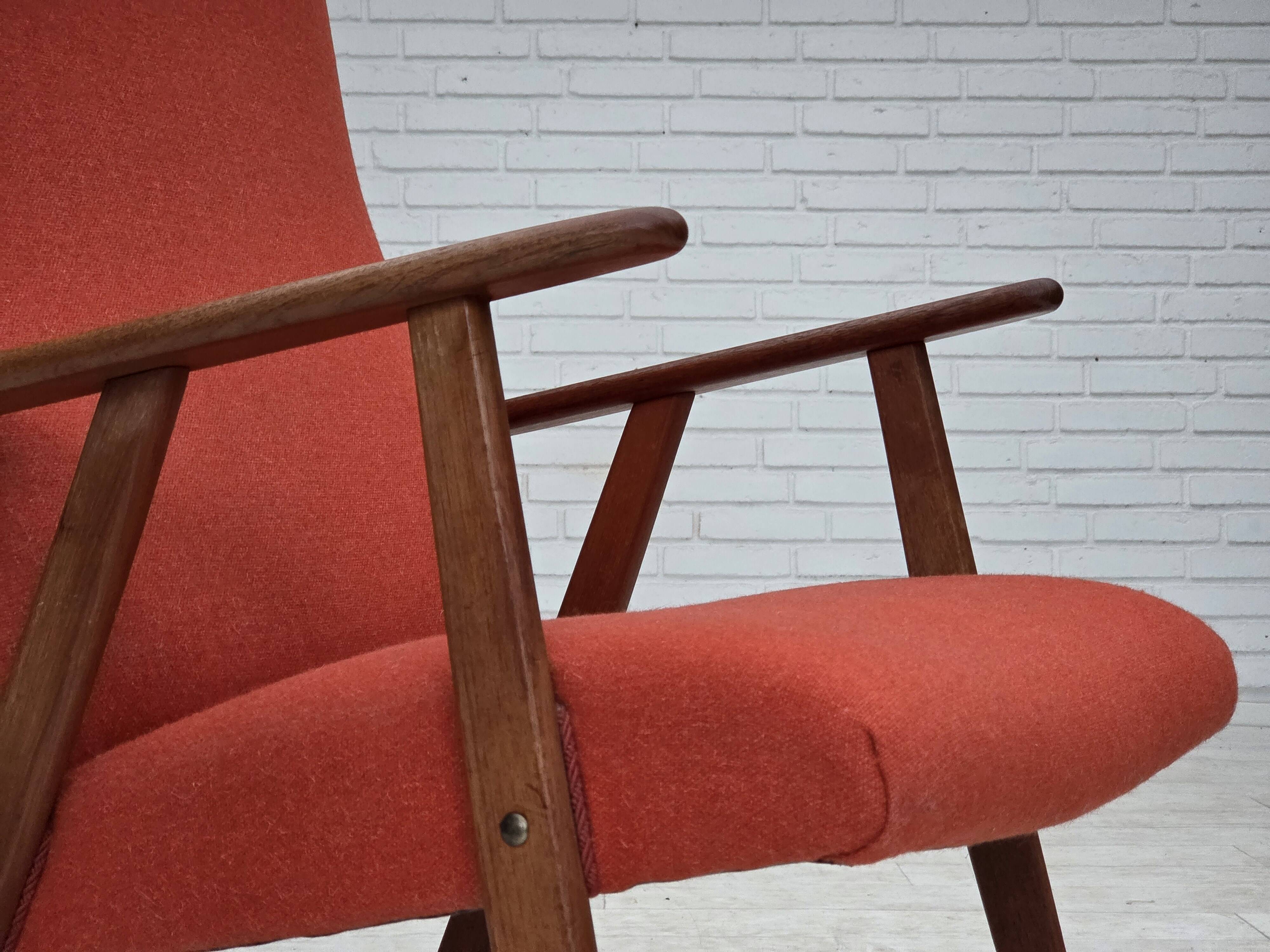 1970s, Danish highback armchair, furniture wool, teak wood, oak wood.